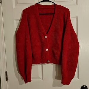 Red V-Neck Button-Up Women Sweater
